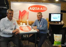 Hans de Kort and Arno Westhoven with Aqua-Aid. Aqua-aid started in the green industry with soil irrigation solutions and now enters the fruit and vegetable industry with bio stimulants, specialties and wetting agents.